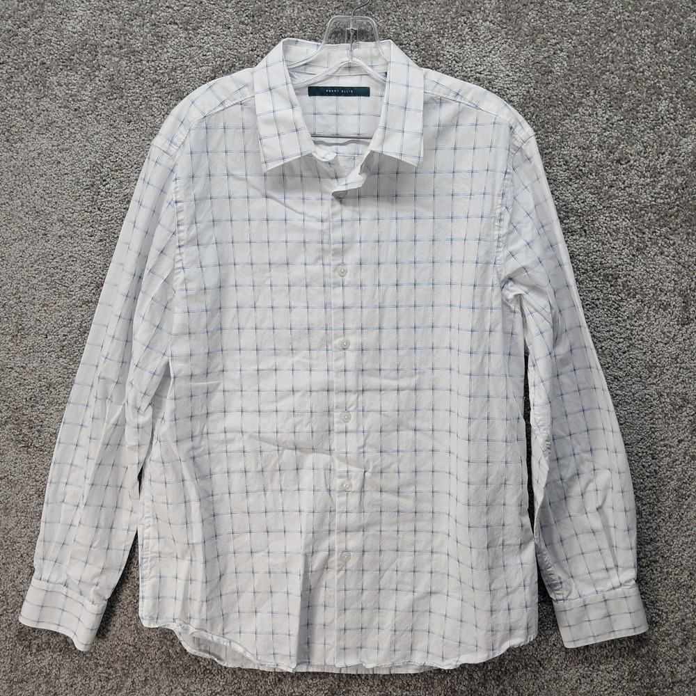 Perry Ellis Mens White Blue Grid Check 100% Cotton Button Down Shirt Large